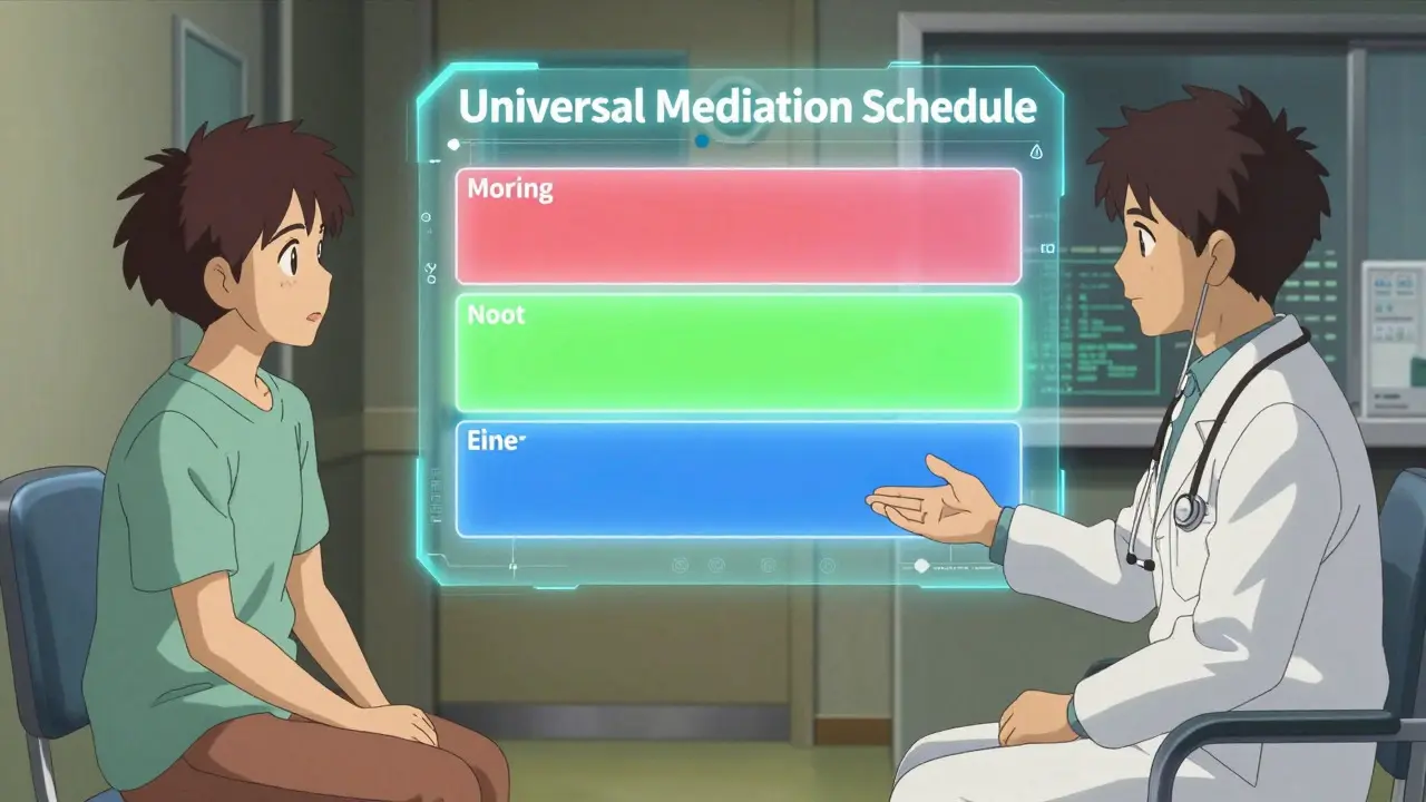 Doctor and patient reviewing a glowing visual medication schedule