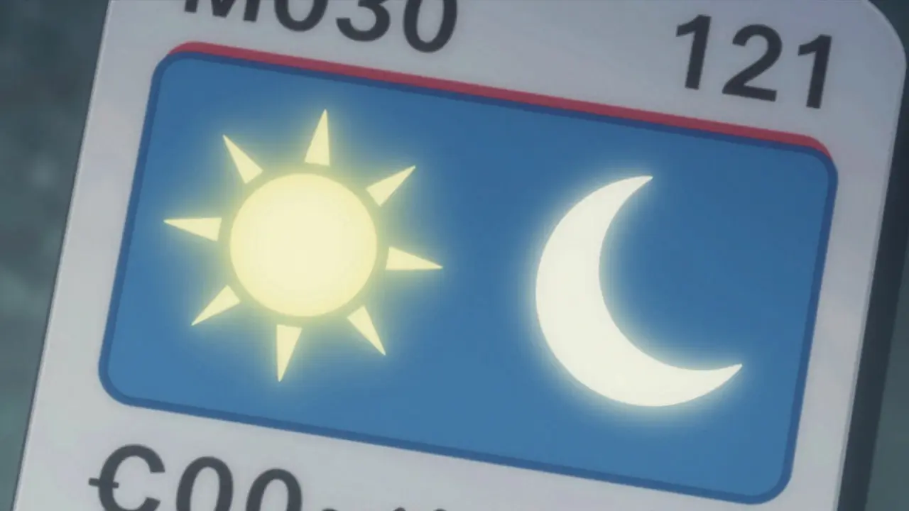 Medication label changing from text to clear sun and moon pictograms