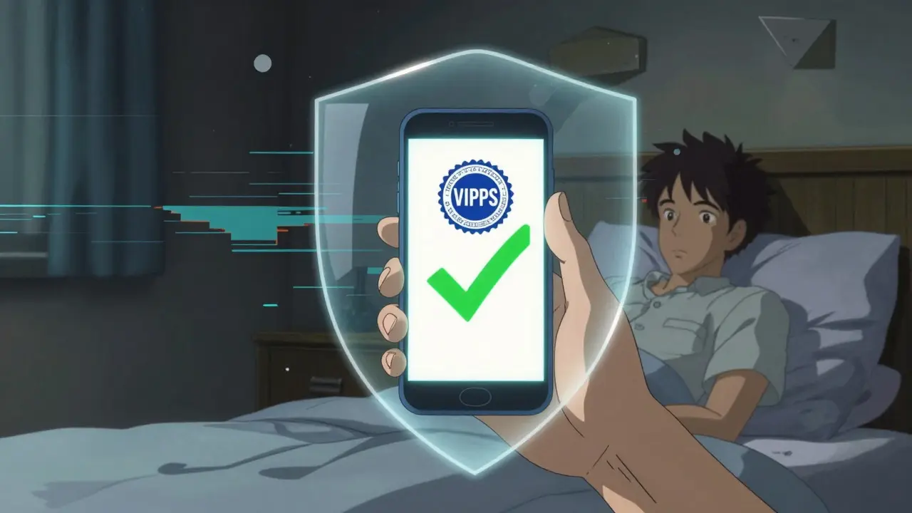 Smartphone displaying a safety seal protecting a user from digital glitches and scams.